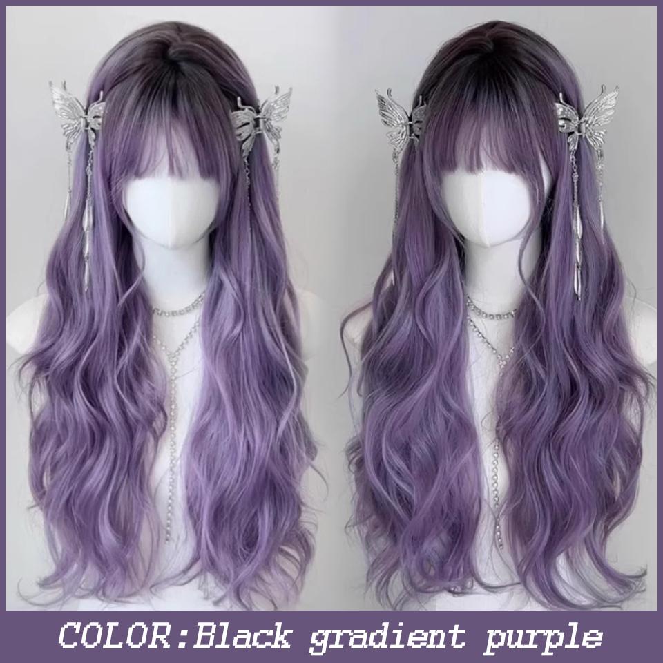 Purple Gradient Synthetic Lolita Wig Long Curly Hair with Bangs Is Suitable For Ladies To Wear In Daily Festivals