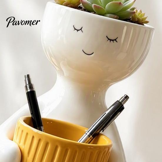 Cute Zen Home Decor Smiling Face Plant Pot, Double Planting Space Planter, Resin Desktop Flower Holder Sitting Figure Flowerpot for Succulents, Office