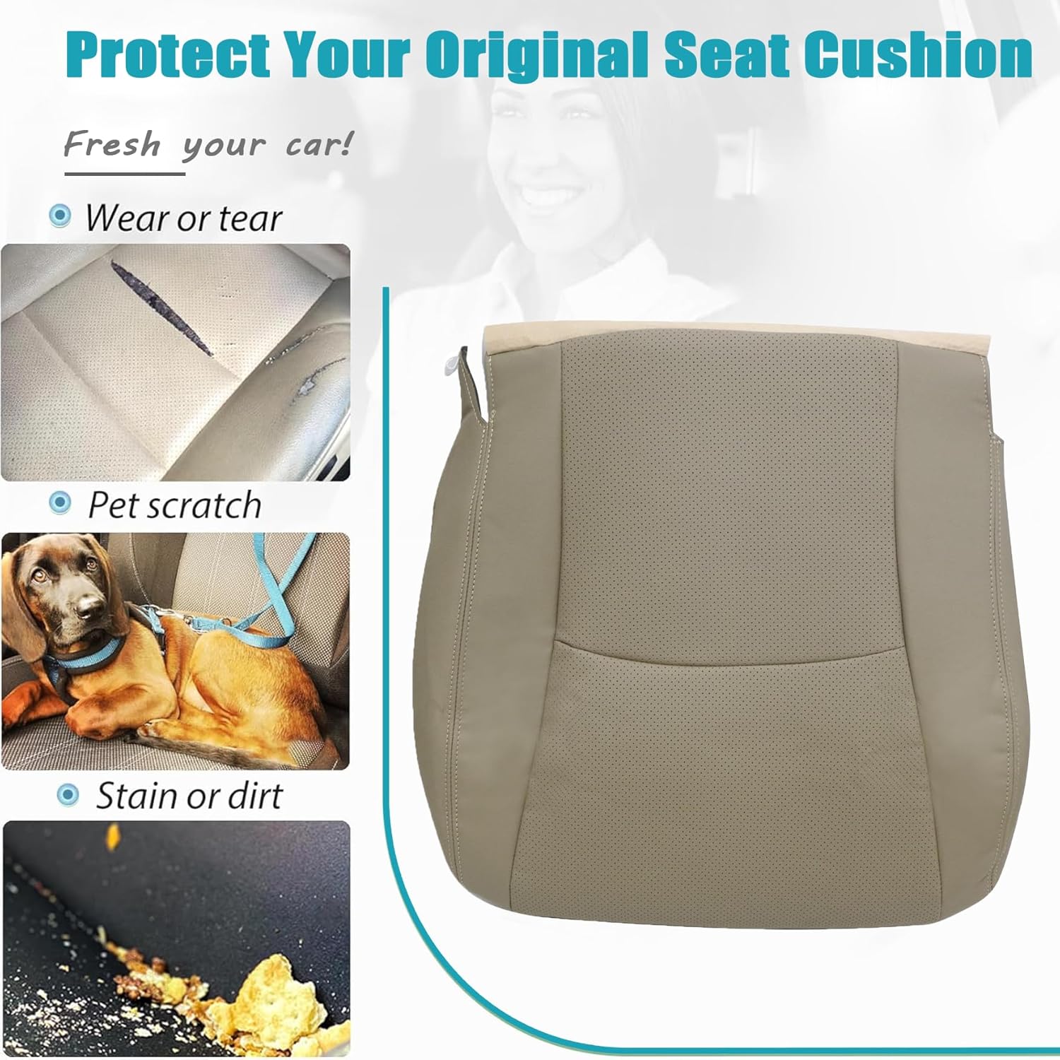 Mythoria Tan Front Driver Side Bottom Perforated Leather Seat Cover Replacement #LB40, LA40 or LA03 Compatible with Toyota Highlander 2004 2005 2006