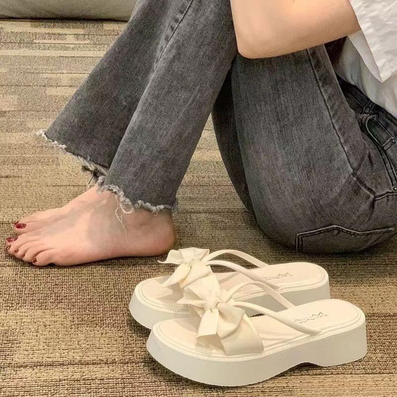Slippers women's outer wear summer new fashion bow small plaid thick bottom non-slip sandals