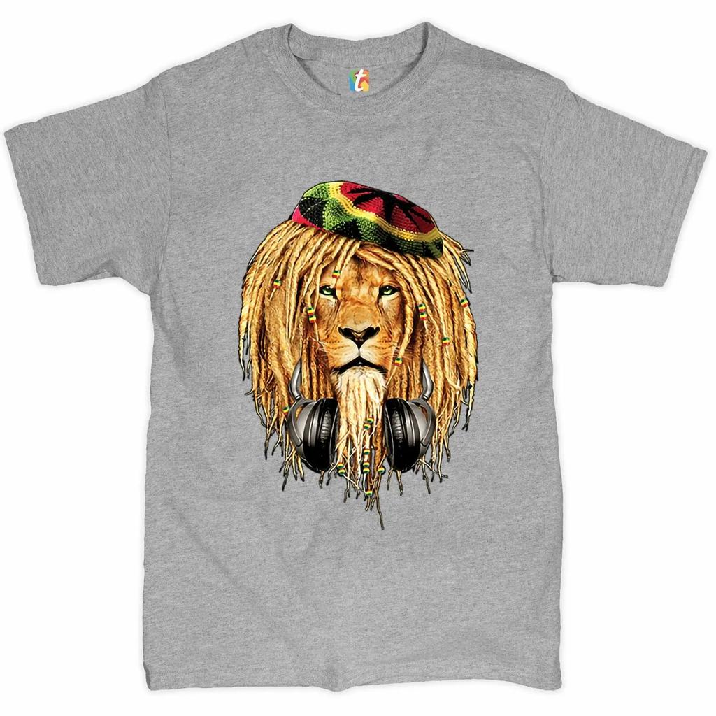 Royal Lion with Headphones Jamaican Reggae Music Lovers T-Shirt 100% Cotton O-Neck Short Sleeve Casual Mens T-shirt Size S-3XL