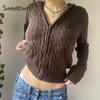 Sweetown Solid Twist Floral Knitted Cardigan Hoodies Women New Sweaters Autumn Winter Long Sleeve Casual Jackets Hooded Knitwear
