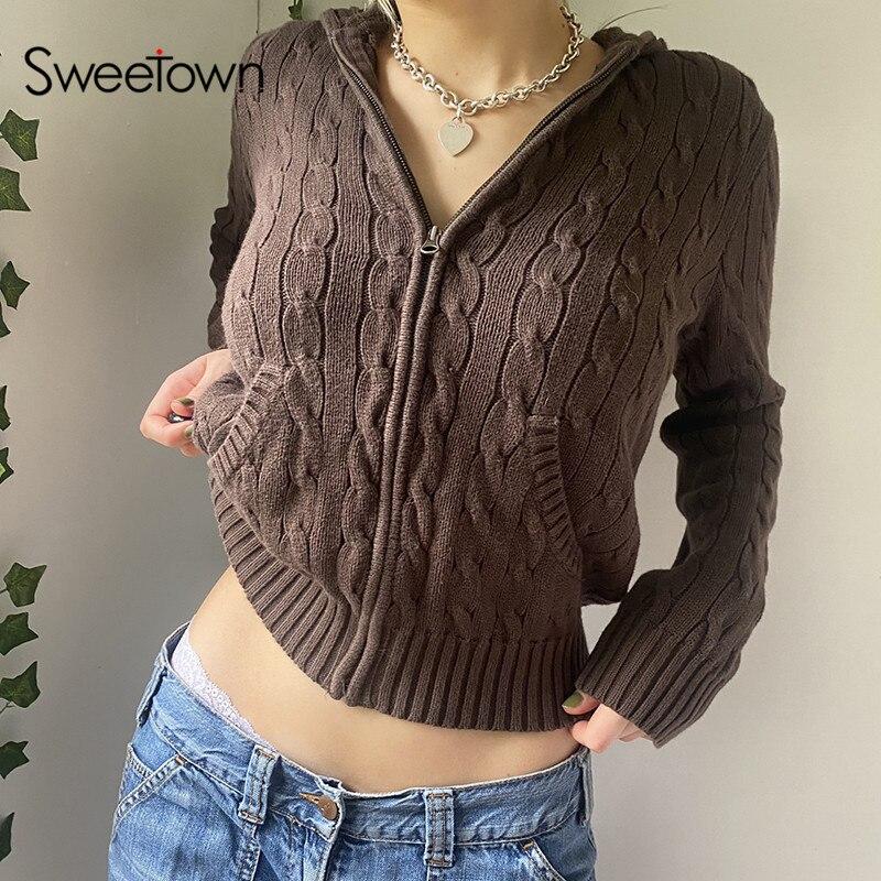 Sweetown Solid Twist Floral Knitted Cardigan Hoodies Women New Sweaters Autumn Winter Long Sleeve Casual Jackets Hooded Knitwear