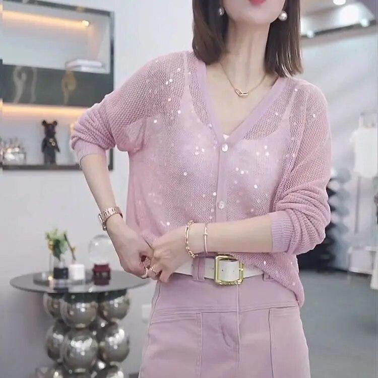 Knitted sweater with lazy style sequin hollow V-neck, loose and thin summer air conditioning protective cover, long sleeves