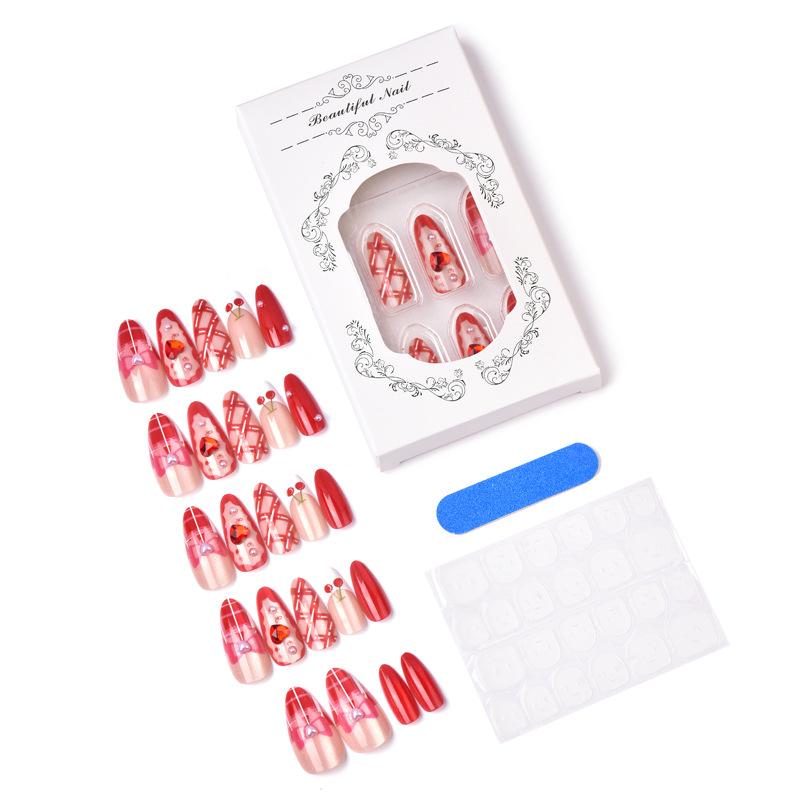24 pieces of almond cat's eye wearing nail exquisite red cherry bow handmade point diamond nail art