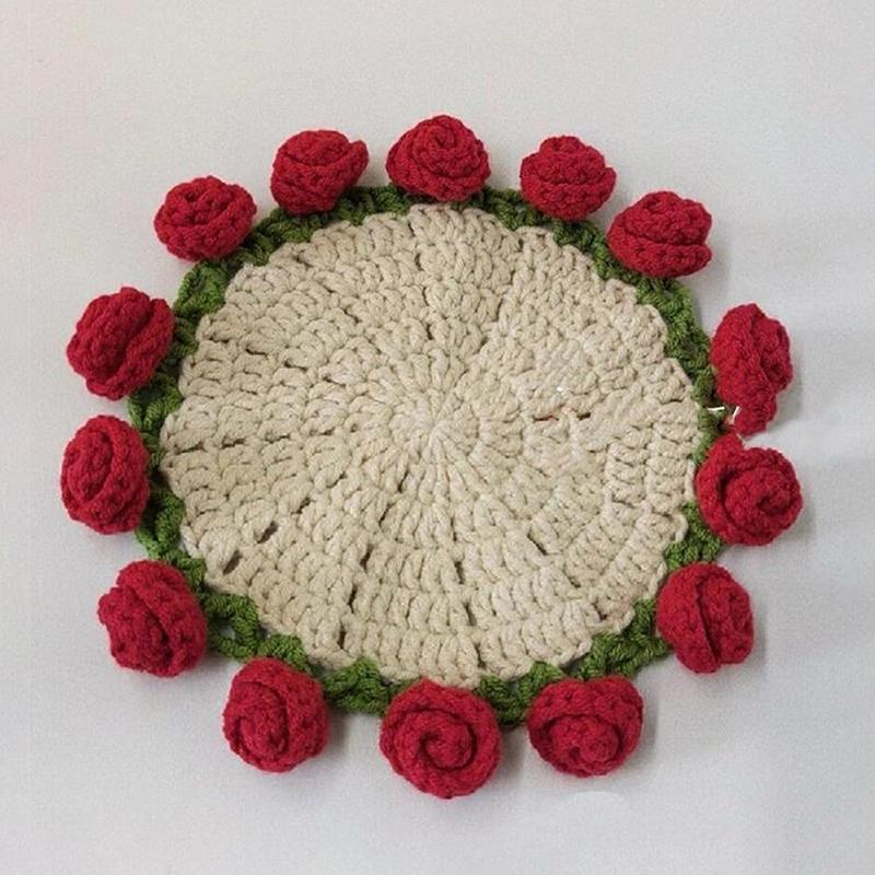 

Rose Bouquet Crochet Coaster Hand-Woven Flower Cup Placemat Home Dining Table Decor Wedding Kitchen Table Mat