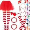 Damen Halloween Kostüm Set mit Tüllrock, Pferdeschwanz-Haarband, Gestreifte Socken, Handschuhe, Brille, Halskette und Armband