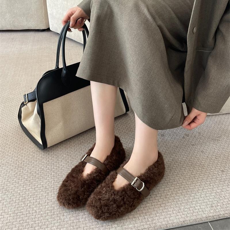 Fashion Winter Warm Plush Flat Shoes Women Fashion Round Toe Narrow Buckle Designer Shoes Cozy Soft Bottom Casual Shoes Zapatos De Mujer