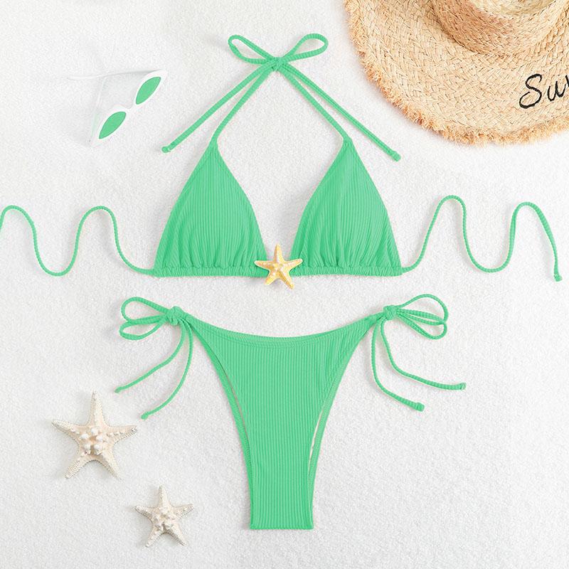 New Sexy Solid Color Backless Hanging Neck Tight Bikini Split Side Strap Women's Triangle Swimsuit Three-point Bikini Set