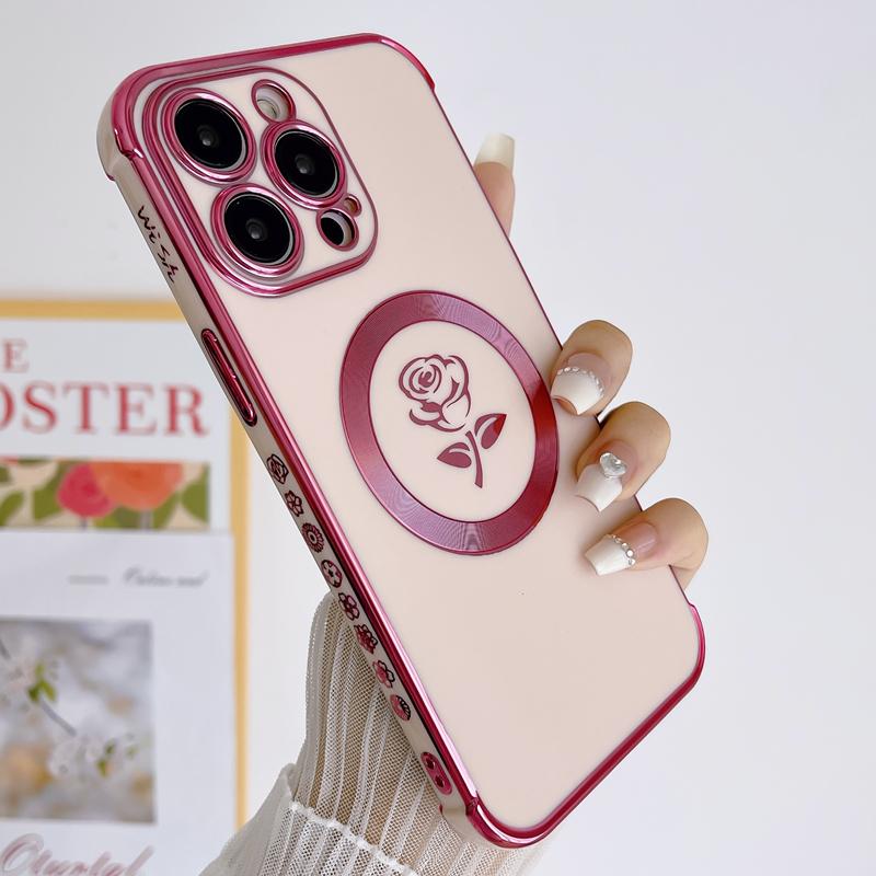 Luksusowa powłoka Rose Flower Frame Magsafe Magnetic Phone Case do iPhone'a 11 12 13 14 15 Pro Max Osłona obiektywu na etui 14 Plus