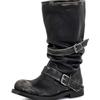 Vintage Platform Buckle Stylish Motorcycle Women Square Toe Chunky High Heel Mid-Calf Shoes Retro Biker Boots