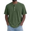 Mens Green Waffle Knit Henley Shirt Short Sleeve Crew Neck Casual Loose Fit Pullover