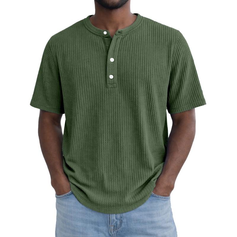 Mens Green Waffle Knit Henley Shirt Short Sleeve Crew Neck Casual Loose Fit Pullover