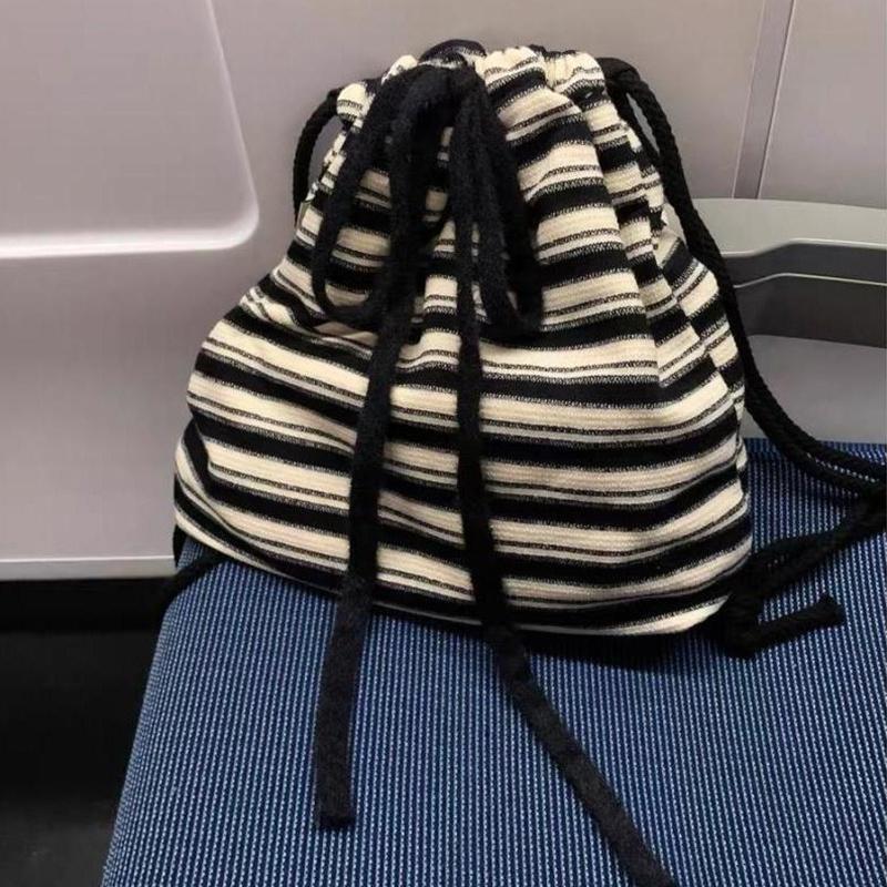 Brand Designer Cotton Striped Women's Backpack Casual Drawstring Bucket School Bag Large Capacity Travel Shoulder Bag CLE