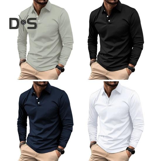 Koszula męska letnia zapinana na guziki, kołnierzyk wykładany, sweter, długie rękawy, średnia długość, jednolity kolor, swobodny styl biznesowy