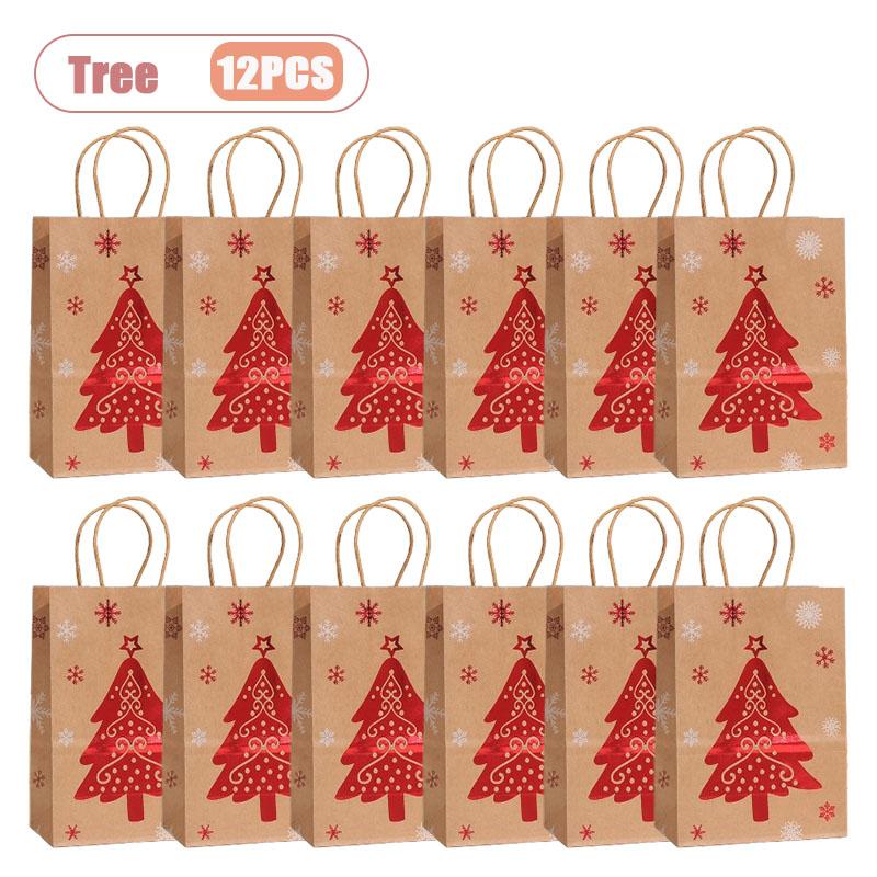 Christmas Kraft Paper Gift Bag Foil Stamped Reindeer Snowflake Tree Design Handheld Holiday Wrapping Bag for Party Gift Giving