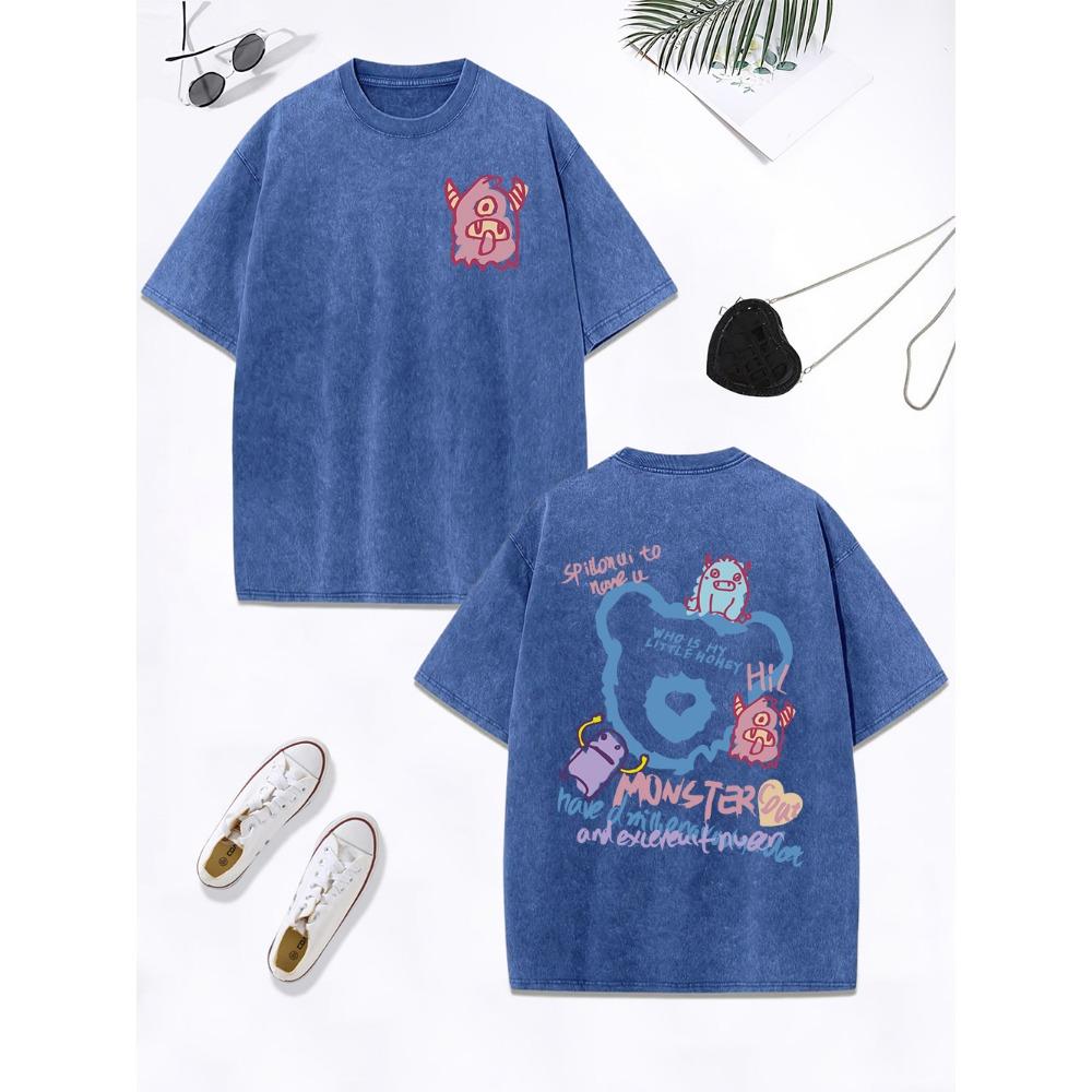 Cute Silly Monster Graffiti Prints Washed T-Shirt Womens Cotton Oversized T Shirts O-Neck Comfortable Tops Womans Clothes