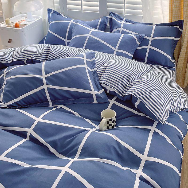 Vierteiliges Bettwäsche-Set, Bettwäsche, Gewaschene Baumwolle Sandgestrahlt Verdickter Bettbezug, Stepplaken, Studentenwohnheim Einzelbettbezug Dreiteiliges Set