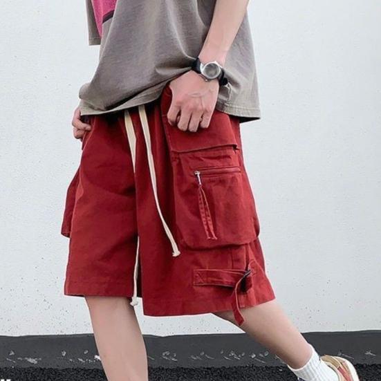 Men Cargo Shorts Elastic Waist Adjustable Drawstring Sport Shorts with Multi Pockets Wide Leg Casual Shorts
