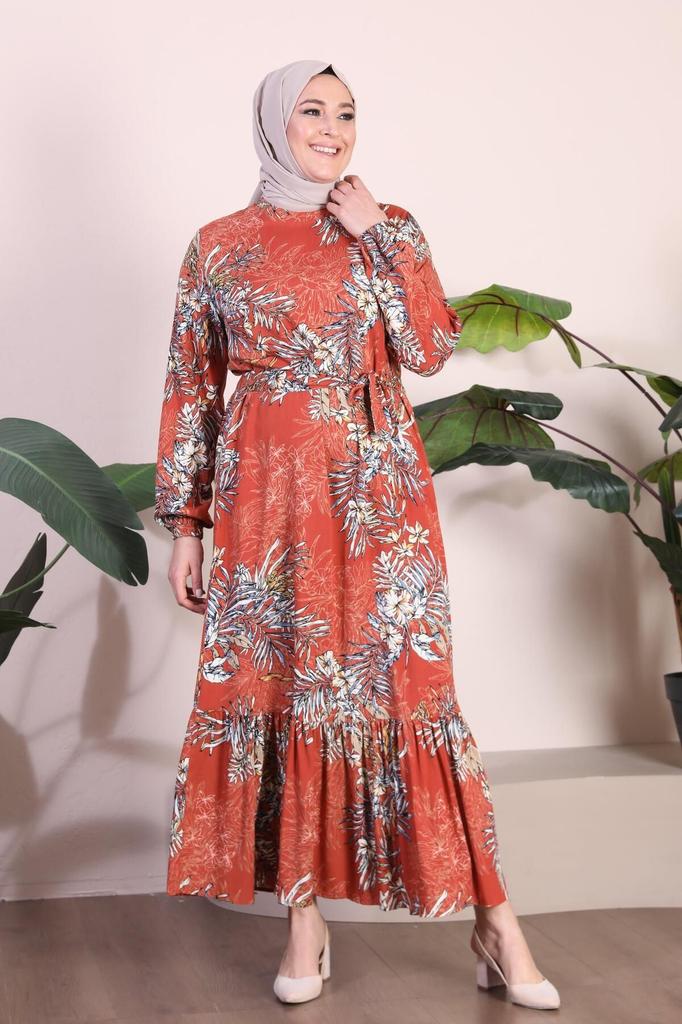 Women's Big Size Dress Plus Size Dress Palm Tree Patterned Viscose Dress