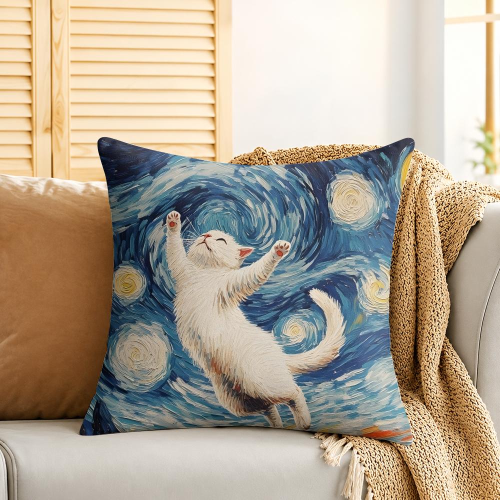 Cat Starry Sky Van Gogh Cushion Cover Silky Short Plush Invisible Zipper Dustproof Sofa Pillow Case For Home Decor