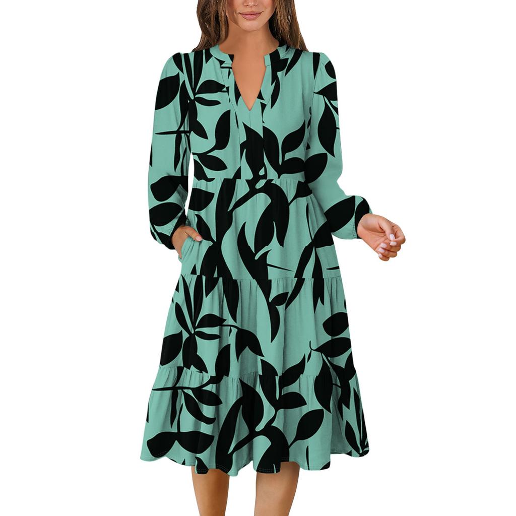 Women's V-Neck Flowing Layered Bohemian Long Sleeve Floral Print Dress