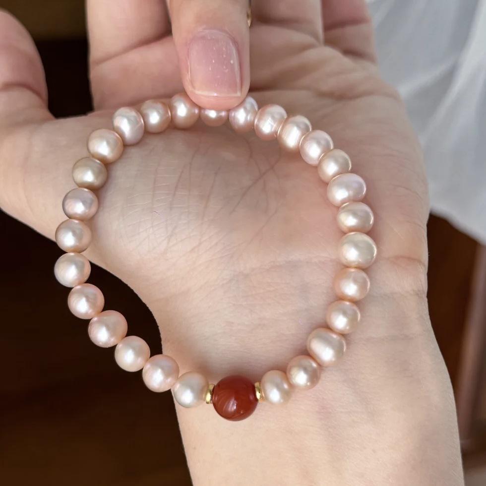 Retro Red Agate & Freshwater Pearl Beaded Friendship Bracelet
