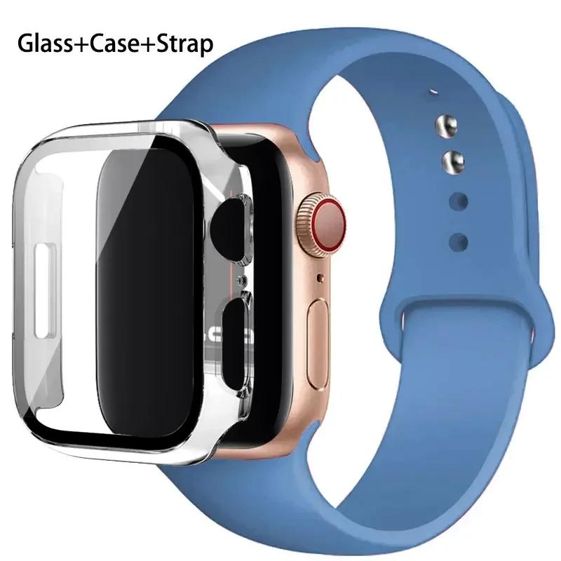 Glass+Case+Strap For Apple Watch band 46mm 45mm 44mm 41mm 40 38mm Silicone watchband bracelet iWatch series 10 9 8 7 6 5 4 3 SE