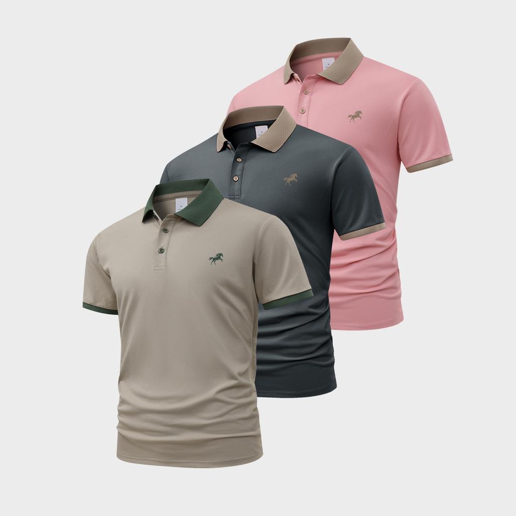 Confezione da 3 Polo da Uomo a Maniche Corte con 3 Bottoni, Colletto e Polsini a Contrasto—Top Casual alla Moda