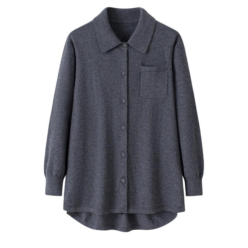 

Свободного кроя однотонная кашемировая трикотажная рубашка с отложным воротником и карманами XL темно-серого
