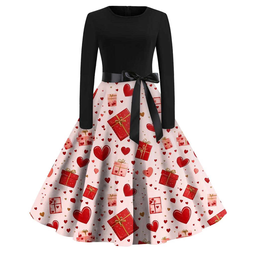 Women's Printed Round Neck Big Hem  Skirt Pleated Skirt Long Sleeved Dress Dress