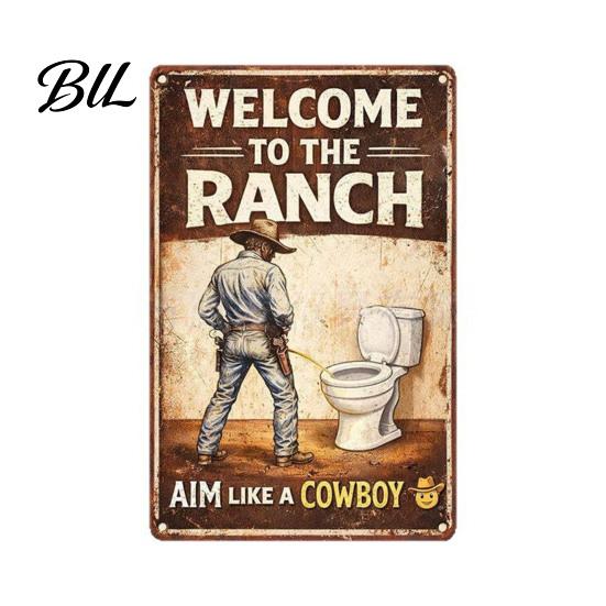 Decorative Bathroom Plaque Vintage Funny Western Cowboy Metal Sign Aim Like A Sturdy Wall Art Humor Toilet Decoration for Guest Restroom Living S