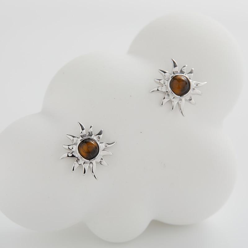 S925 Sterling Silver Natural Pearl Amethyst Tiger Eye Jasper Colored Treasure Stud Earrings Women'S French Retro Sunflower Earrings
