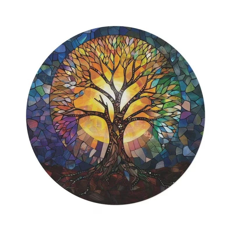 Celtic Tree of Life Chenille Large Round Area Rug Nature Mandala Design Ancient Spiritual Decor Bedroom Living Room Circle Rug