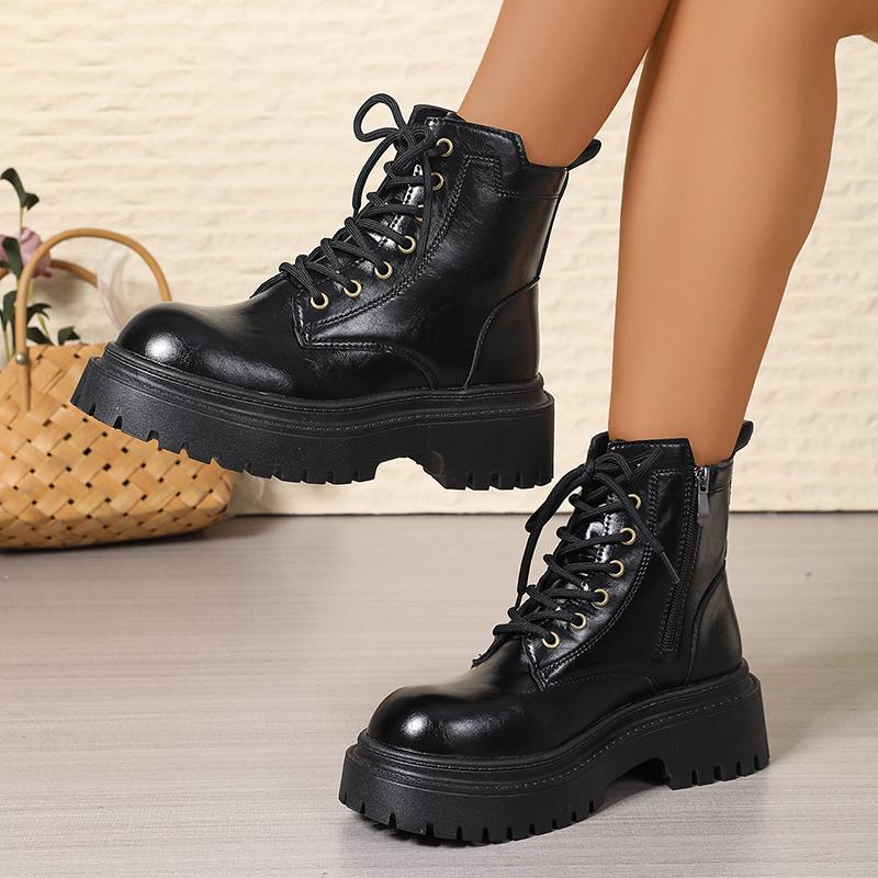 Fashion Women's Black Platform Combat Boots Fashion Lace Up Zipper Pu Leather Short Boots Woman Thick Sole Non Slip Autumn Winter Shoes