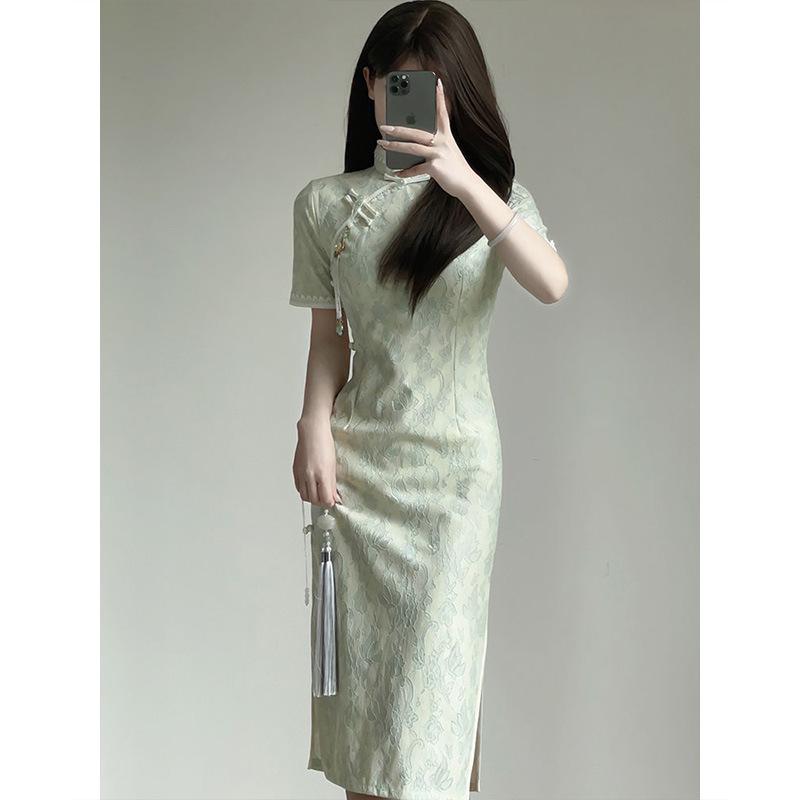 Small and short improved cheongsam women's waist and hip slim fit medium and long new Chinese dress shows high summer