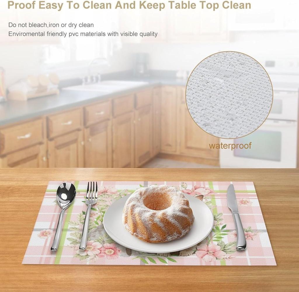 4/6pcs Bunny Floral Plaid Print Single-Sided Easter Placemat Set for Spring Table Decor