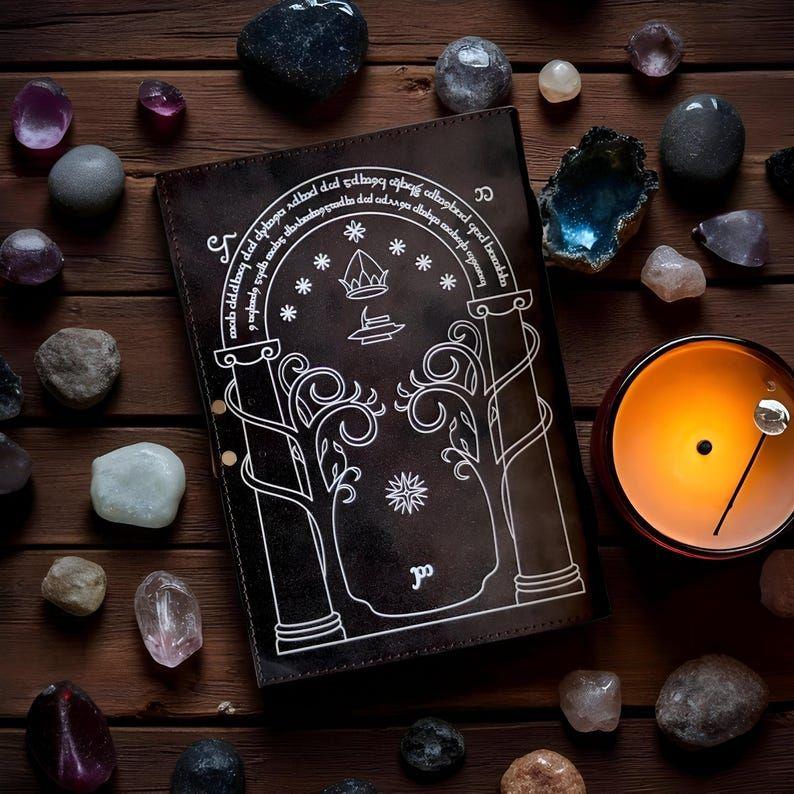 Doors of Durin from Tolkien Lord of the Rings - Handmade Leather Journal Book of Shadow Fantasy Journal Wedding Guest Book Gift for Him/her.
