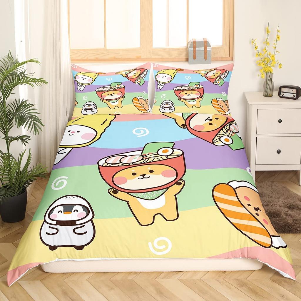 Japan Sushi King Queen Duvet Cover Marine Life Bedding Set Cartoon Japanese Food Quilt Cover Colorful Polyester Comforter Cover