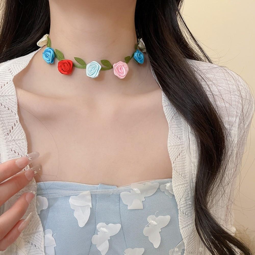 Splicing Green Leaf Satin Cloth Flower Choker Collarbone Choker Summer Clavicle Chain  Gift