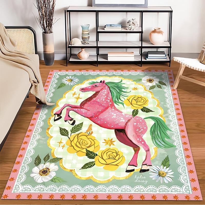 Pink Horse and Yellow Roses Printed Carpet with Floral Green Border Suitable for Use As an Anti-slip for Living Room Bedroom Sofas