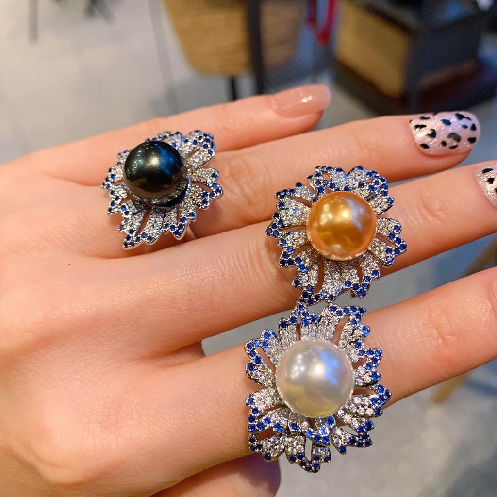 Tiktok Cross-border Australian Fritillary Pearl Micro Set Blue Ring Fashion Adjustable