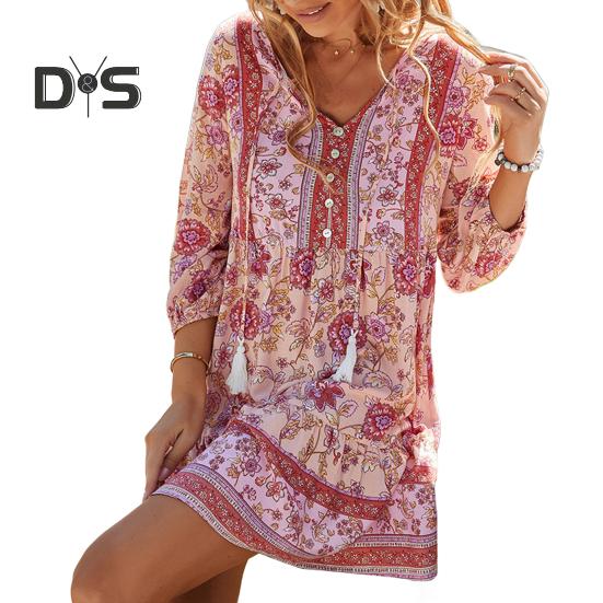 

Женское платье в стиле бохо с цветочным принтом, повседневное, с длинным рукавом, струящееся, короткое, свободное, с V-образным вырезом, на пуговицах, платье А-силуэта, мини-пляжное платье-сарафан S розовый