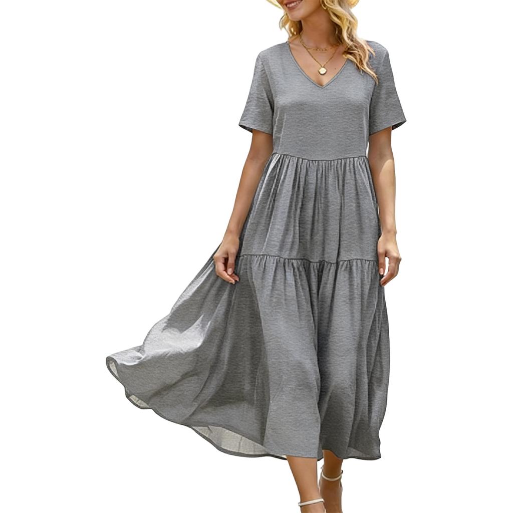 Women's Summer Dresses Casual Short Sleeve V Neck Beach Vacation Swing Dress with Pockets