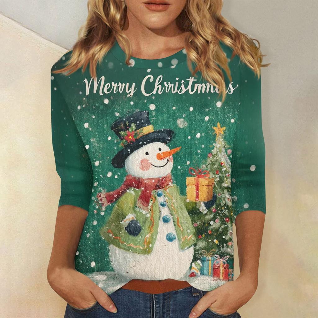 3/4 Sleeve Shirts For Women Print Christmas Tees Blouses Casual Plus Size Basic Tops Pullover