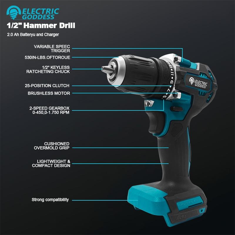 1/2 Inch 1700RPMDrill Brushless Motor Lithium Electric  Cordless Drill Compact Hammer Drive For 18V Makita Battery Pin