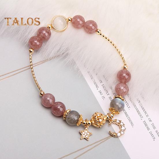 Women Bracelet Smooth Bead Polished Star Moon Pendant Rhinestone Adjustable Shopping Work Party Dating Wrist Chain Lady Jewelry