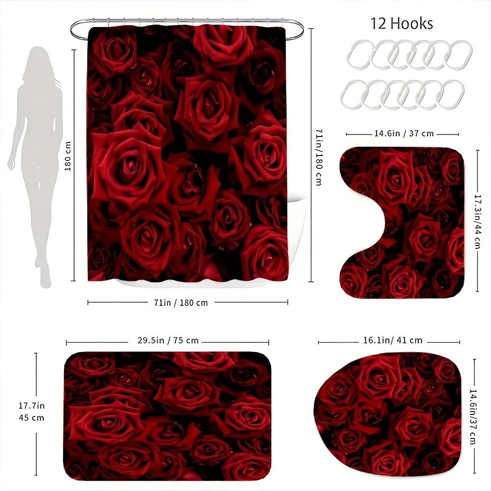 4Pcs Bathroom Shower Curtain Set  Red Rose Bathroom Curtain With 12 Hooks Non Slip Rugs Toilet Cover Mat Bathroom Partition