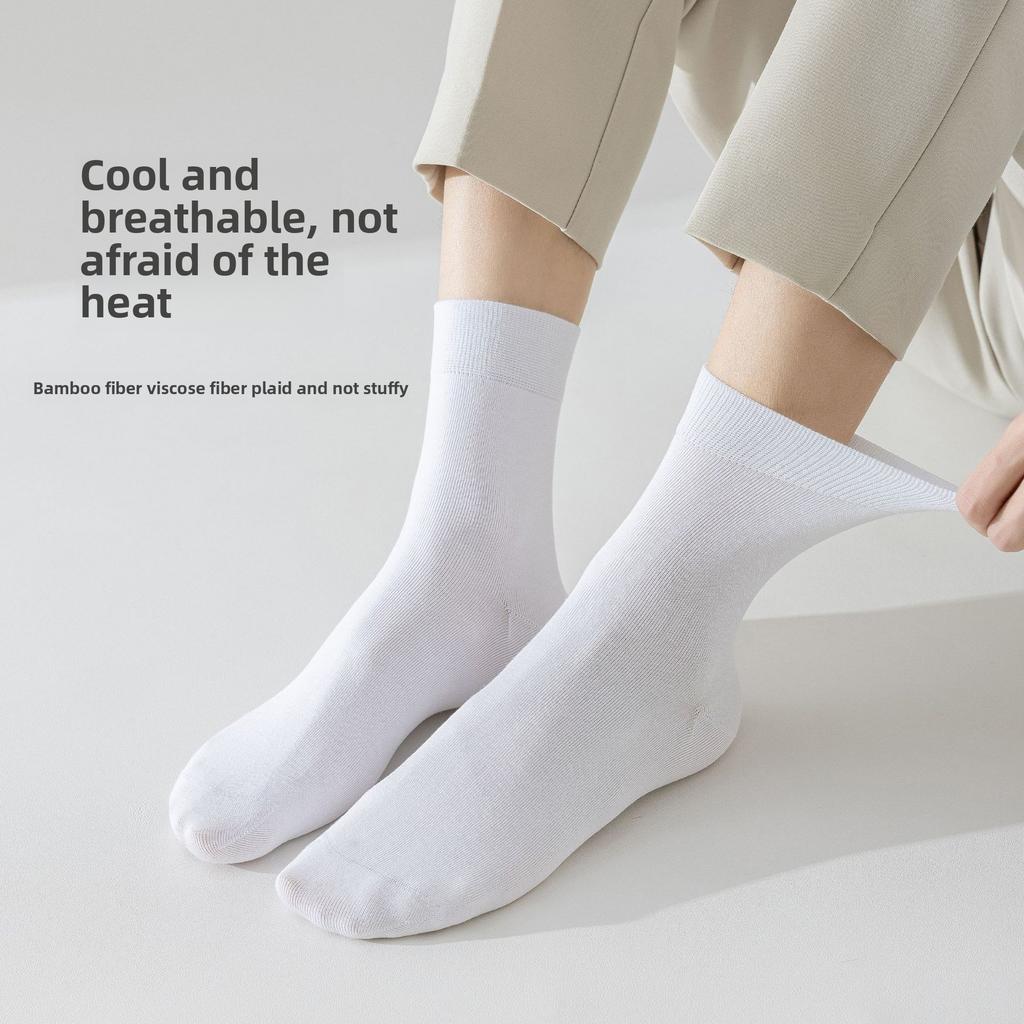 5 Pairs of Cool Bamboo Fibre Socks Men's Breathable Sweat Anti-bacterial Anti-bacterial Spring and Summer Thin Mid-calf Boneless Socks