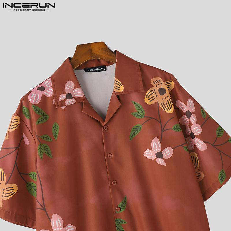 INCERUN Oversized Men Lapel Neck Short Sleeve Floral Print Casual Loose Shirts